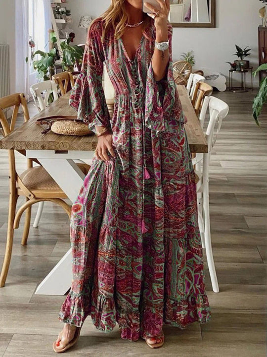 Heidi-Mode | Damen Bohemianpaisley Druck & Trompetenärmel Kleid Maxi