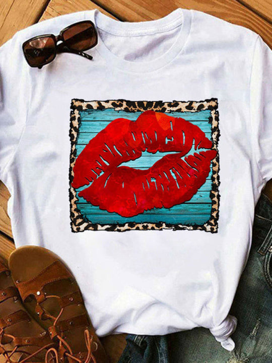 Heidi-Mode | Damen Leopard Print Lip Graphic T-Shirt