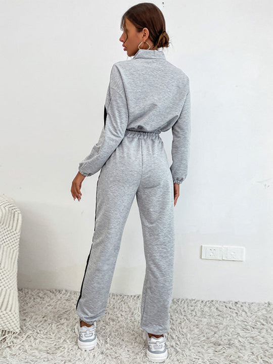 Heidi-Mode | Damen zwei Teile Farbblock Langarm Kurz Sweatshirt Anzug