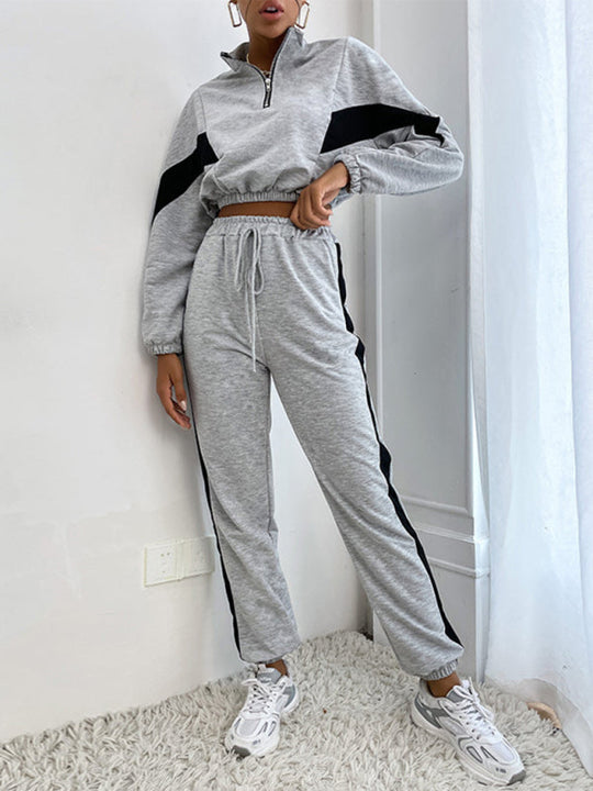 Heidi-Mode | Damen zwei Teile Farbblock Langarm Kurz Sweatshirt Anzug