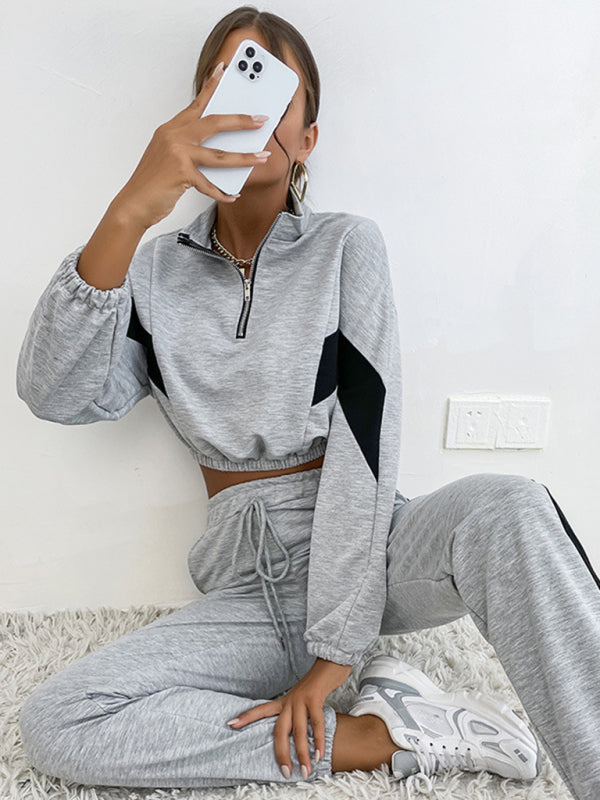Heidi-Mode | Damen zwei Teile Farbblock Langarm Kurz Sweatshirt Anzug
