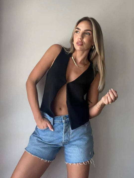 Heidi-Mode | Damen Deep V Sexy Neue Ärmellose Hot Girl Strickoberteil Cardigan