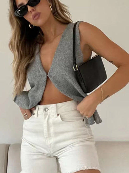 Heidi-Mode | Damen Deep V Sexy Neue Ärmellose Hot Girl Strickoberteil Cardigan