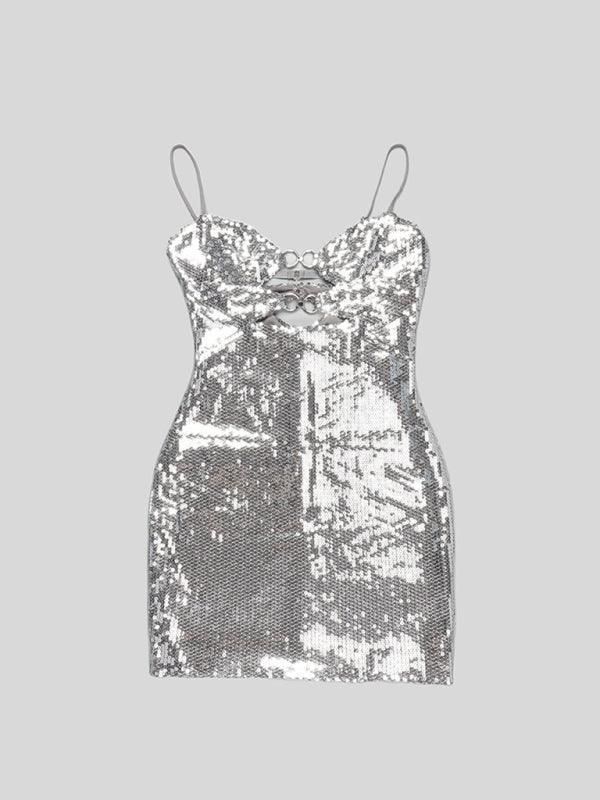 Heidi-Mode | Damen Schnalle Silber Pailletten Kleid
