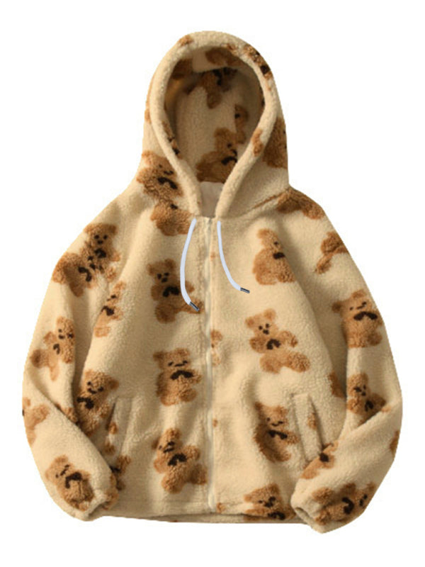 Heidi-Mode | Teddy-Muster lockeres Teddyfell Kapuzensweatshirt