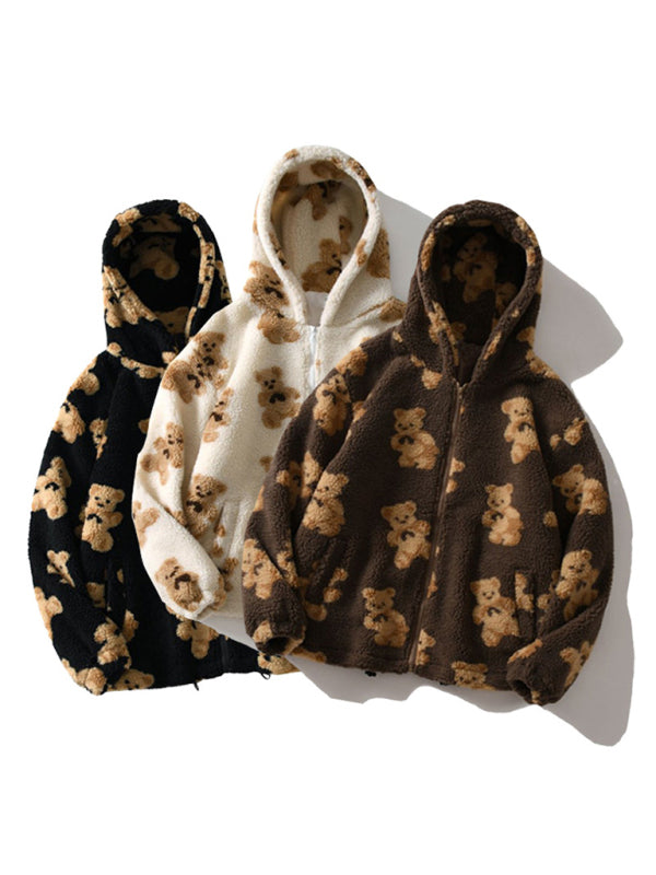 Heidi-Mode | Teddy-Muster lockeres Teddyfell Kapuzensweatshirt