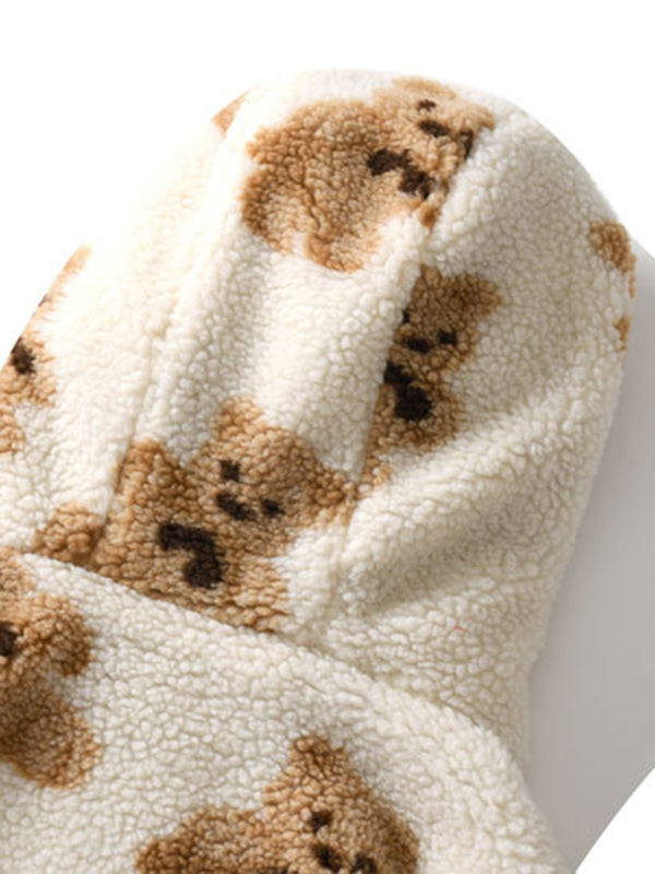 Heidi-Mode | Teddy-Muster lockeres Teddyfell Kapuzensweatshirt