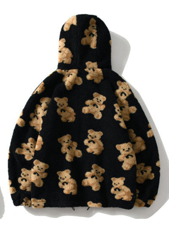 Heidi-Mode | Teddy-Muster lockeres Teddyfell Kapuzensweatshirt