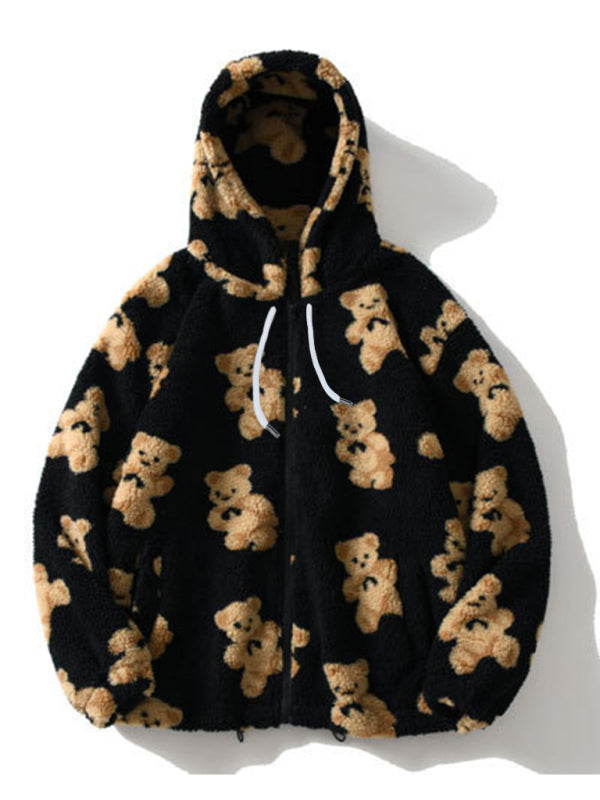 Heidi-Mode | Teddy-Muster lockeres Teddyfell Kapuzensweatshirt