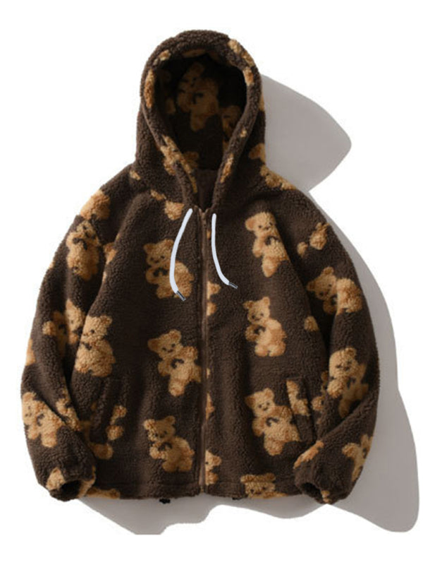 Heidi-Mode | Teddy-Muster lockeres Teddyfell Kapuzensweatshirt