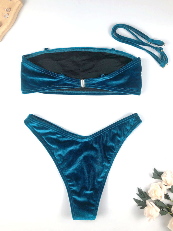 Heidi-Mode | Damen Gespaltene Goldene Samt Sexy Hohe Taille Bikini