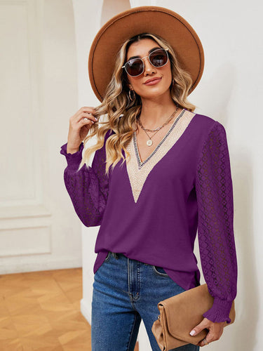 Heidi-Mode | V-Ausschnitt Spitze Patchwork Holet Lange Ärmel Lose Oberteil T-Shirt
