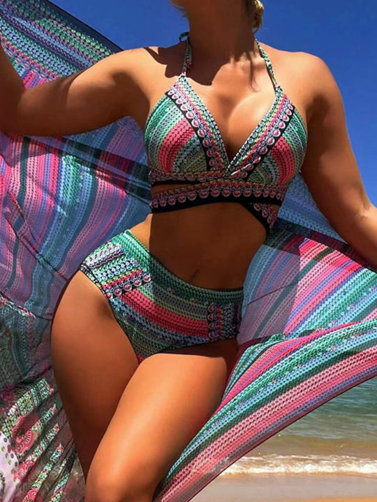 Heidi-Mode | Neuer Bikini Digital Gedruckter Badeanzug Schal Strand Hohe Taille Badeanzug Drei Teile Set