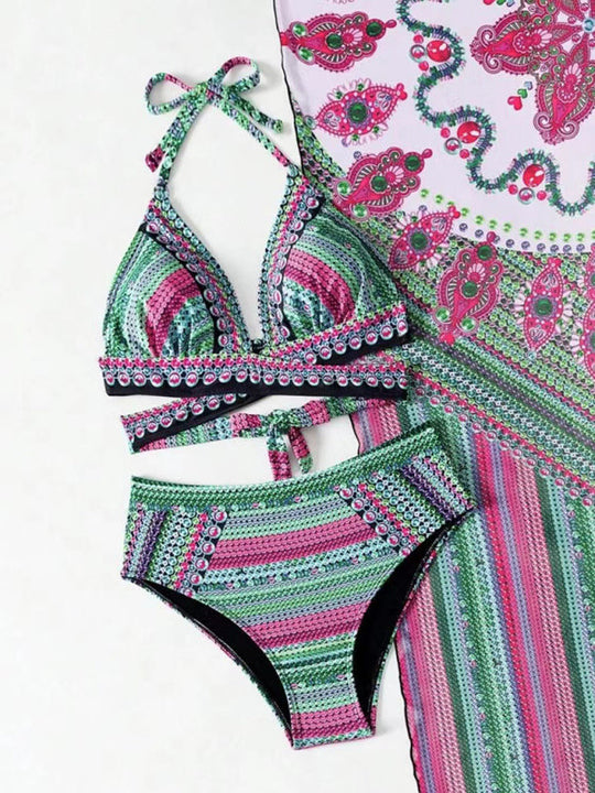 Heidi-Mode | Neuer Bikini Digital Gedruckter Badeanzug Schal Strand Hohe Taille Badeanzug Drei Teile Set