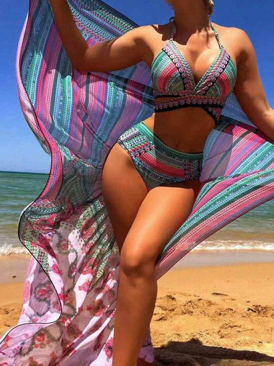 Heidi-Mode | Neuer Bikini Digital Gedruckter Badeanzug Schal Strand Hohe Taille Badeanzug Drei Teile Set