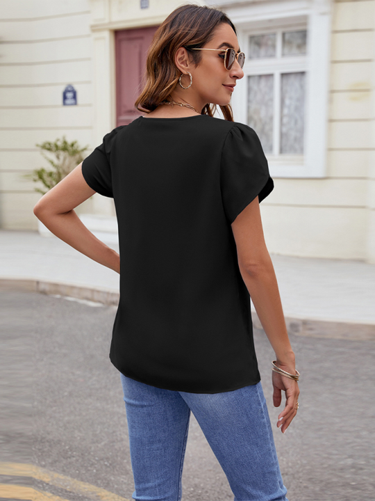 Heidi-Mode | Neues einfarbiges V-Ausschnitt Kurzarm lockeres Chiffon-Shirt Perlenoberteil