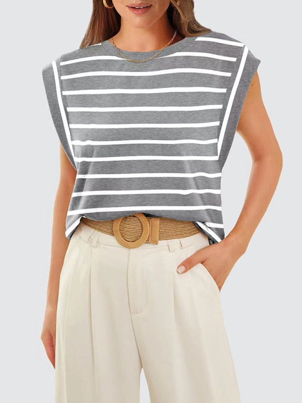 Heidi-Mode | Neues Rundhals lockeres Kurzarm-T-Shirt gestreiftes Oberteil