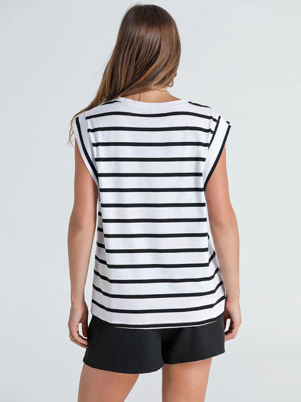 Heidi-Mode | Neues Rundhals lockeres Kurzarm-T-Shirt gestreiftes Oberteil