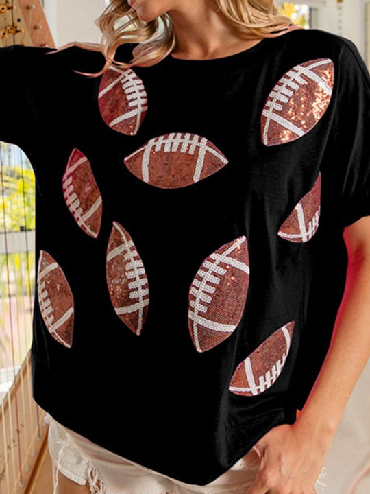 Heidi-Mode | Lässig Sommer Pailletten Rugby Rundhals Pullover T-Shirt Kurzarm Top