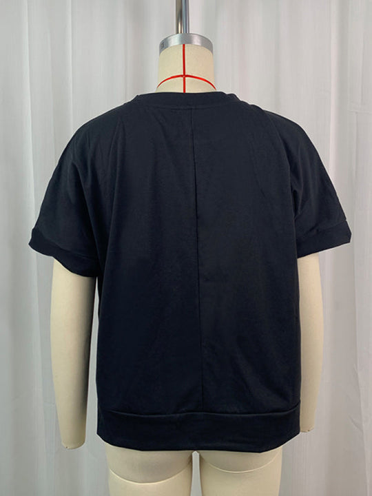 Heidi-Mode | Lässig Sommer Pailletten Rugby Rundhals Pullover T-Shirt Kurzarm Top