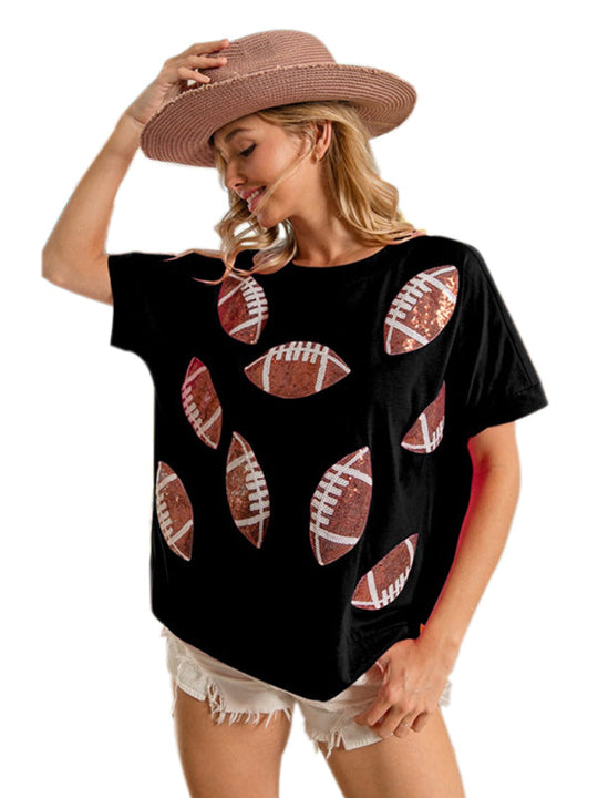 Heidi-Mode | Lässig Sommer Pailletten Rugby Rundhals Pullover T-Shirt Kurzarm Top
