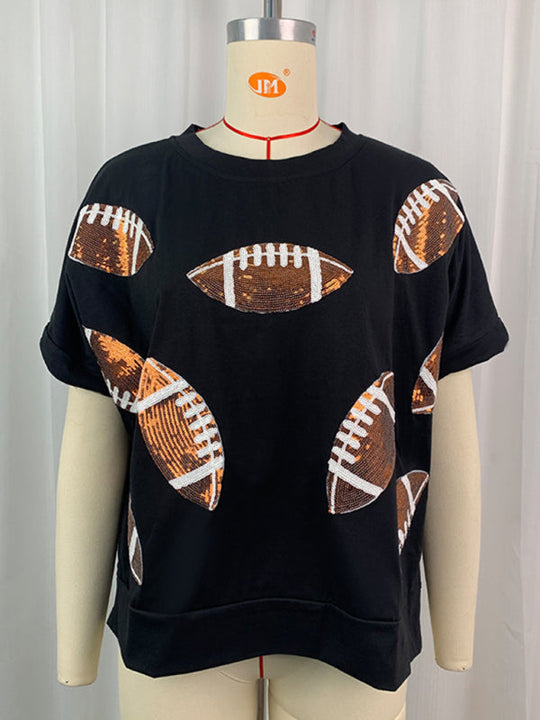 Heidi-Mode | Lässig Sommer Pailletten Rugby Rundhals Pullover T-Shirt Kurzarm Top