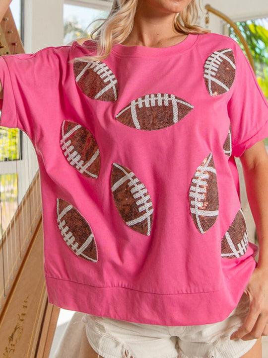 Heidi-Mode | Lässig Sommer Pailletten Rugby Rundhals Pullover T-Shirt Kurzarm Top