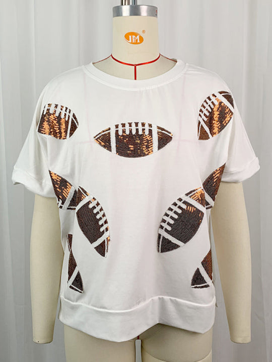 Heidi-Mode | Lässig Sommer Pailletten Rugby Rundhals Pullover T-Shirt Kurzarm Top