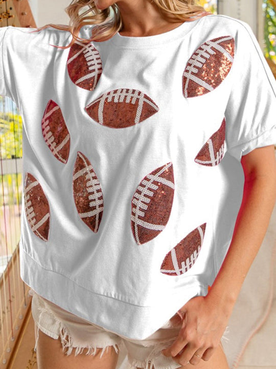 Heidi-Mode | Lässig Sommer Pailletten Rugby Rundhals Pullover T-Shirt Kurzarm Top