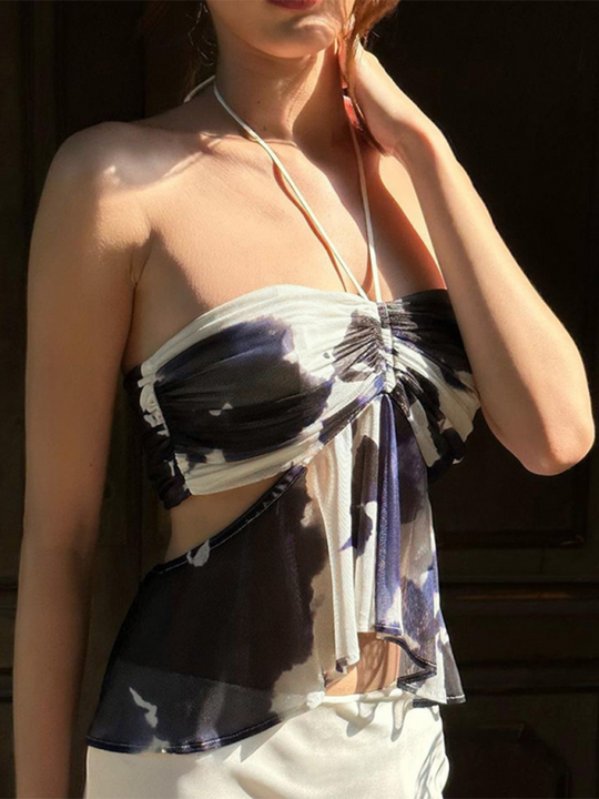Heidi-Mode | Damen neue Farbzusammenstellung plissierte Mode Druck Halterhals Tube Top