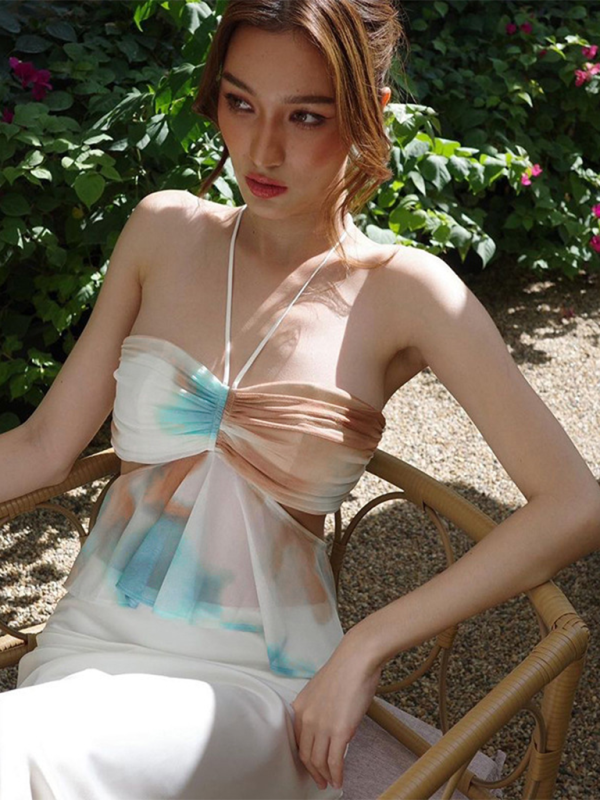 Heidi-Mode | Damen neue Farbzusammenstellung plissierte Mode Druck Halterhals Tube Top