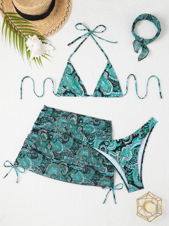 Heidi-Mode | Cashew-Blütenprint Schnürbikini Sexy Zweiteiler Badeanzug Vierteiliger Satz