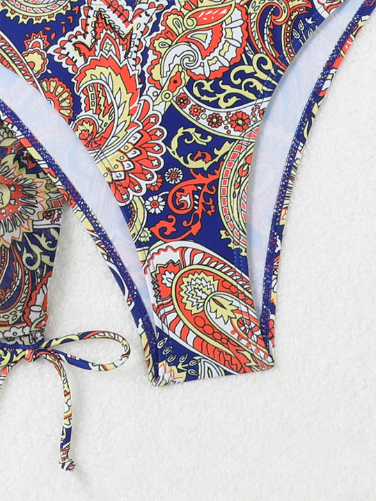 Heidi-Mode | Cashew-Blütenprint Schnürbikini Sexy Zweiteiler Badeanzug Vierteiliger Satz