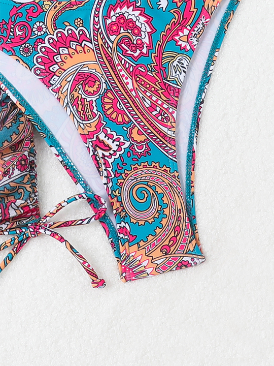 Heidi-Mode | Cashew-Blütenprint Schnürbikini Sexy Zweiteiler Badeanzug Vierteiliger Satz