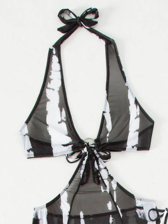 Heidi-Mode | Fashion neuer Stil bedruckt Mesh rückenfreier Bikini dreiteiliger Badeanzug