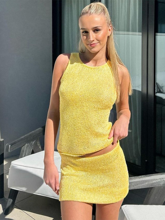 Heidi-Mode | Neue Mode Rundhals Ärmelloses Top Sexy Kurzer Rock Wollanzug