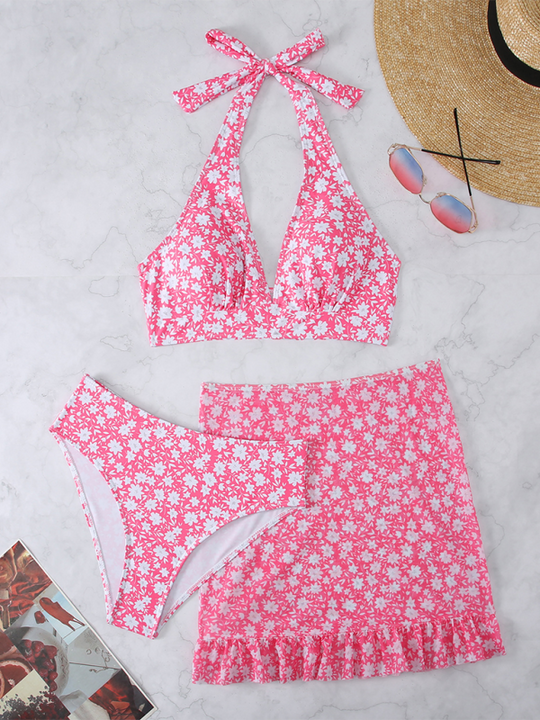 Heidi-Mode | Neuer Dreiteiler Badeanzug Damen Klein Floral Bikini