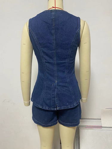 Heidi-Mode | Damenmode Legere Ärmellose Hohe Taille Denim Shorts Set