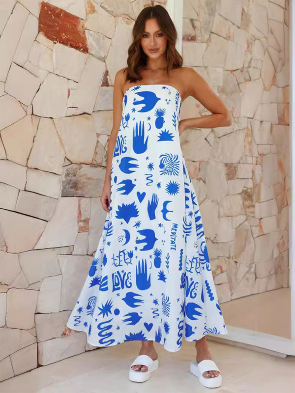 Heidi-Mode | Damen bedrucktes Tube-Top langes Rock sexy Mode Urlaub Kleid