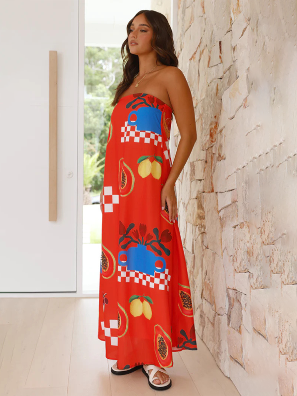 Heidi-Mode | Damen bedrucktes Tube-Top langes Rock sexy Mode Urlaub Kleid