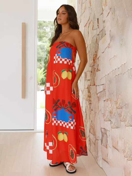 Heidi-Mode | Damen bedrucktes Tube-Top langes Rock sexy Mode Urlaub Kleid