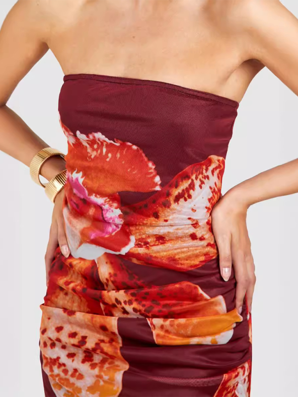 Heidi-Mode | Damen enge Tube-Top sexy ärmelloses Kleid Netz plissiert Druck