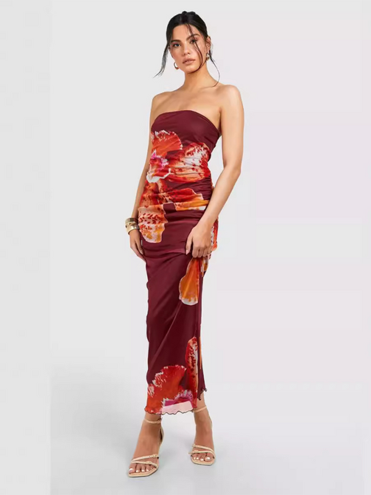 Heidi-Mode | Damen enge Tube-Top sexy ärmelloses Kleid Netz plissiert Druck