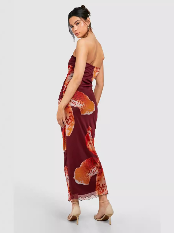 Heidi-Mode | Damen enge Tube-Top sexy ärmelloses Kleid Netz plissiert Druck