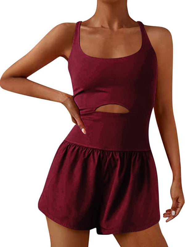 Heidi-Mode | Damen schöne Rücken doppelte Träger enge Jumpsuit Yoga Sport Jumpsuit Shorts