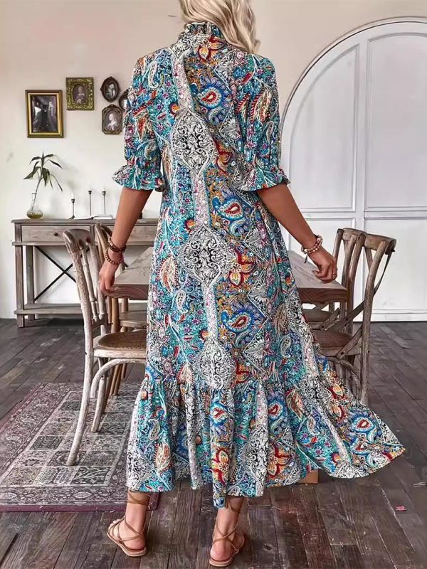 Heidi-Mode | Damen Gedrucktes Schnürung Elbow Sleeve Rüsch Kleid