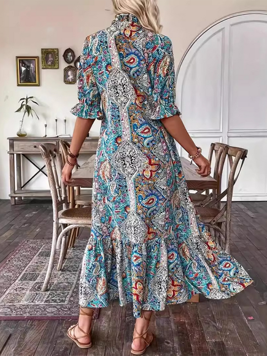 Heidi-Mode | Damen Gedrucktes Schnürung Elbow Sleeve Rüsch Kleid