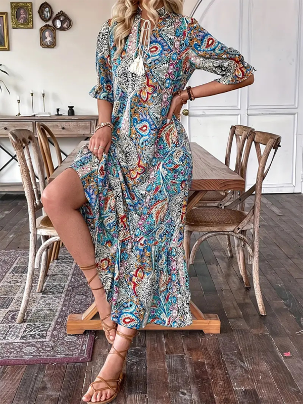 Heidi-Mode | Damen Gedrucktes Schnürung Elbow Sleeve Rüsch Kleid