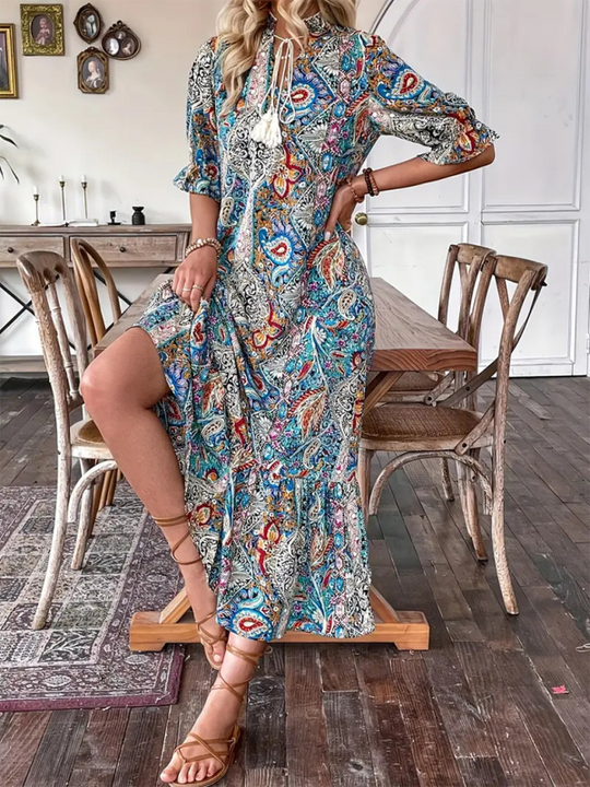 Heidi-Mode | Damen Gedrucktes Schnürung Elbow Sleeve Rüsch Kleid