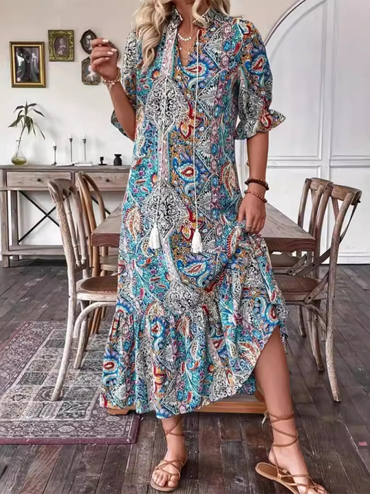 Heidi-Mode | Damen Gedrucktes Schnürung Elbow Sleeve Rüsch Kleid